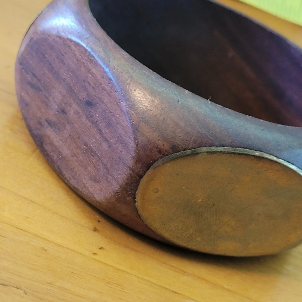 Vintage Chunky Wood Brass Inlay Bangle Bracelet Wide Modernist 50g